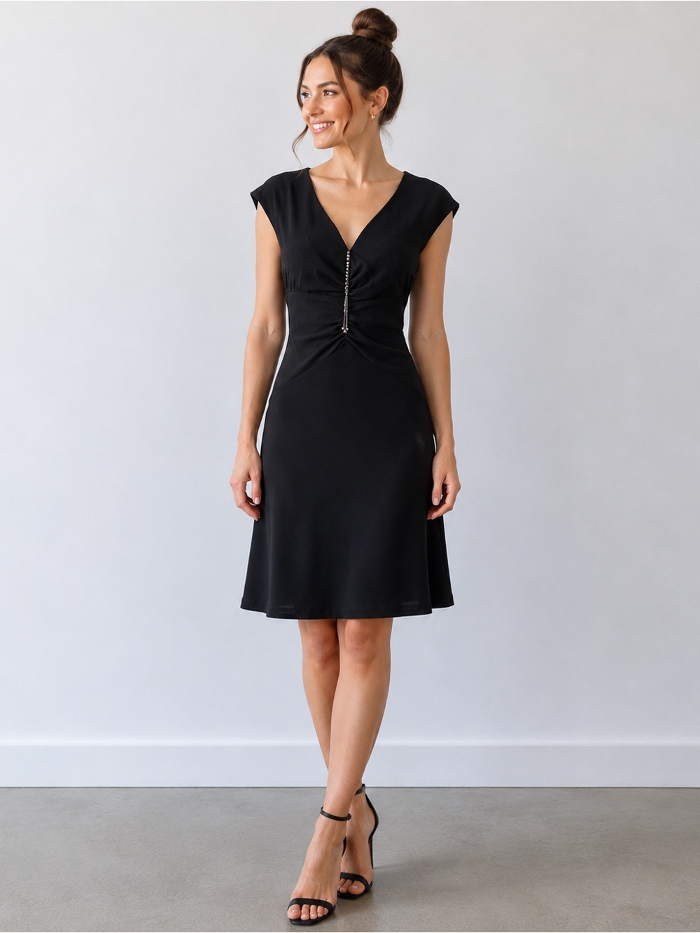 Vintage 80s Black Dress Ruched Front Rhinestone Elegant Minimalist Midi Dress
